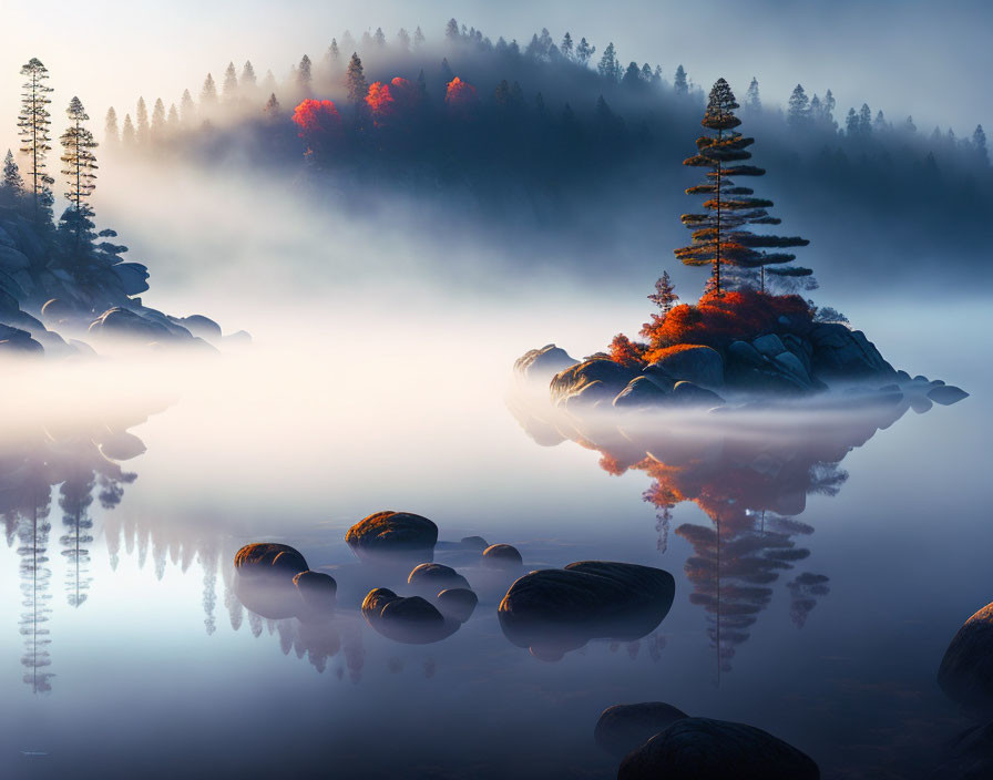 Autumn forest reflected in serene misty lake at dawn