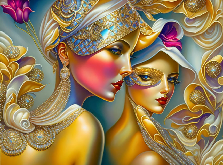 Stylized elegant female figures with golden headpieces on pastel floral backdrop