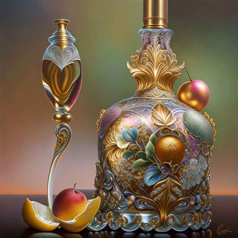 Golden ornate perfume bottle with intricate designs and tangerine on reflective surface