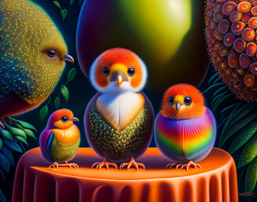 Vibrant painting of three fluffy birds on draped surface amid lush foliage