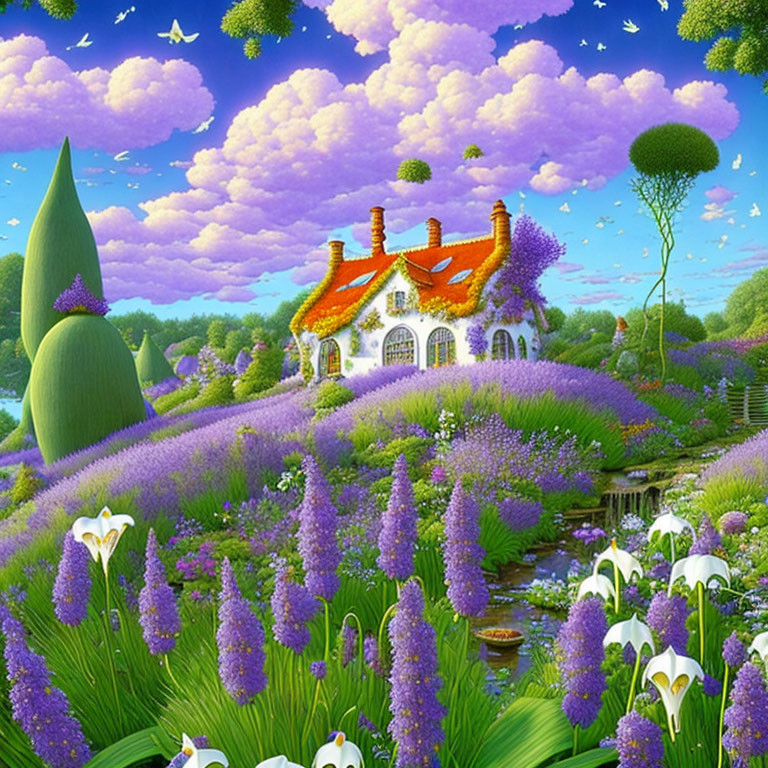 Colorful landscape with cottage, orange flowers, lavender fields, trees, and blue sky.