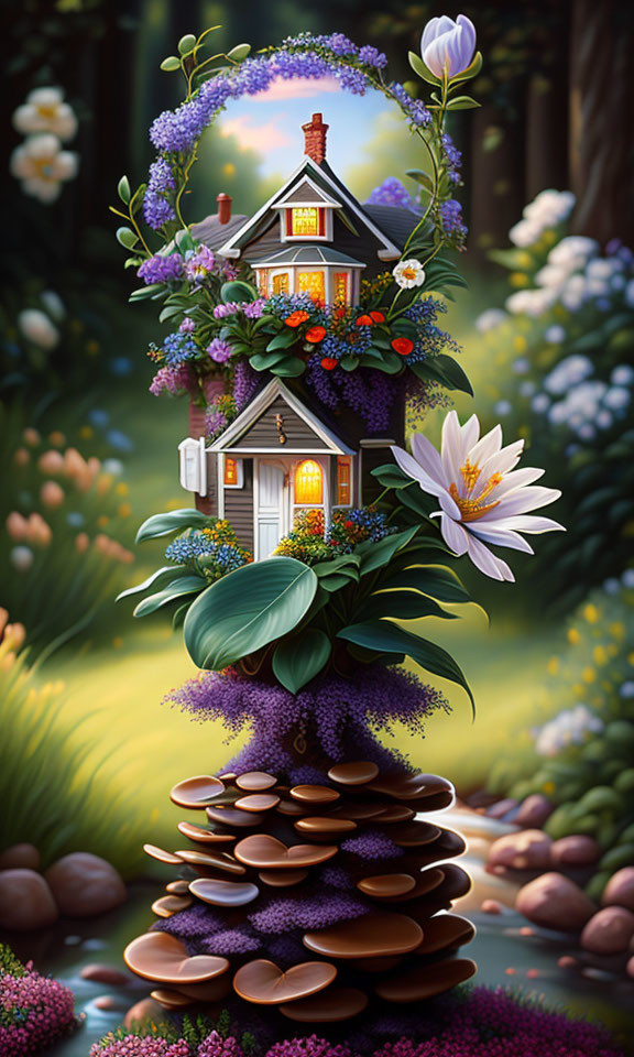 Whimsical illustration of cozy house on stone stack with flowers & warm light