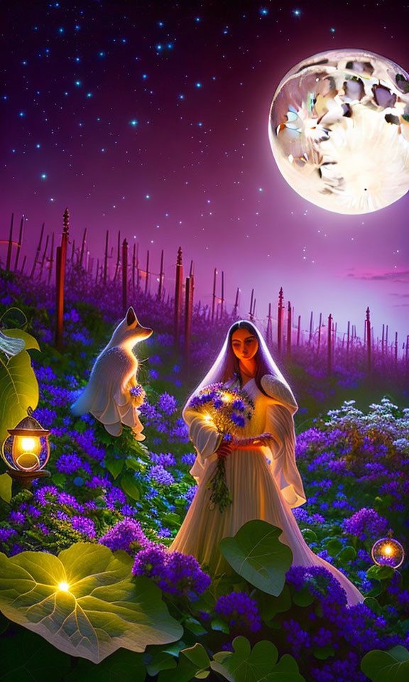 Whimsical artwork of veiled woman, glowing wolf, moon, and flowers