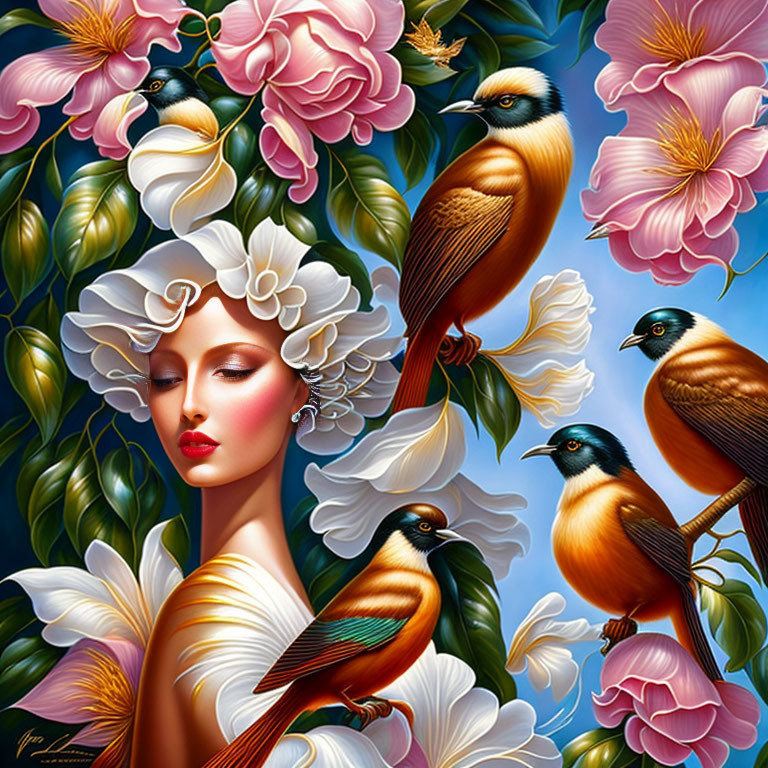 Woman with Flowers in Hair Surrounded by Birds and Floral Background