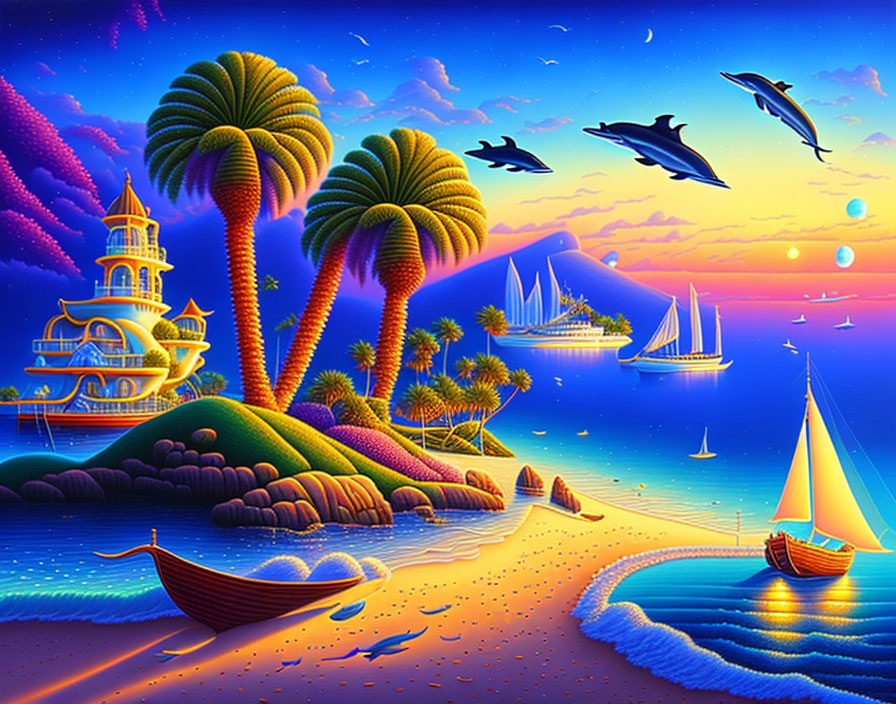 Colorful Seascape with Sailboats, Dolphins, Palm Trees, and Castle under Sunset Sky