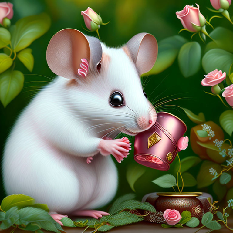 Animated mouse pouring golden liquid from red teapot among pink roses and green leaves