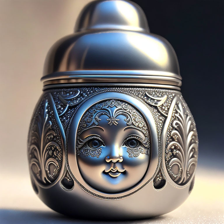 Russian Matryoshka Doll-Inspired Ornate Container with Embossed Face