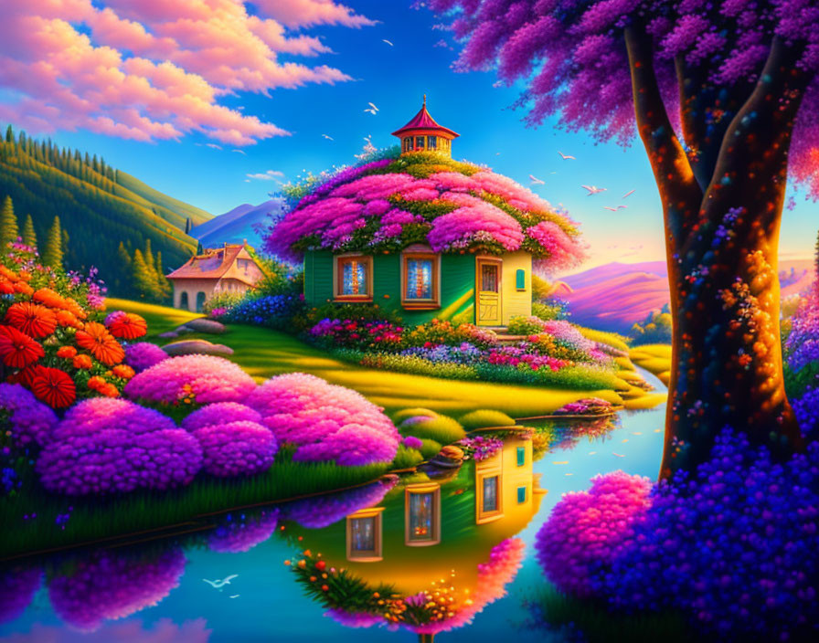 Colorful Digital Artwork of Whimsical Cottage in Sunset Scene