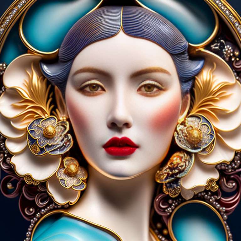 Stylized woman's face with gold and pearl adornments in deep blue contrast