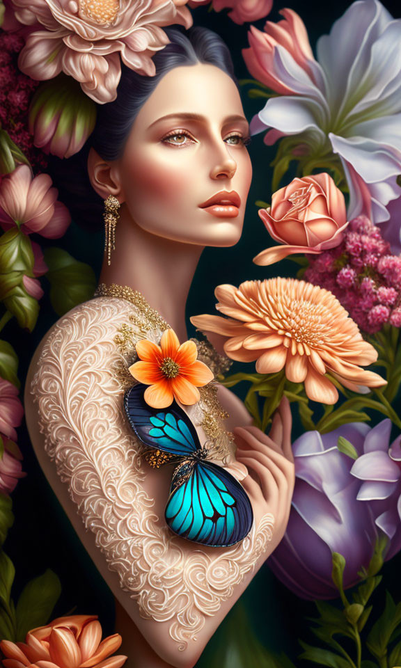 Colorful Flower Illustration with Woman and Butterfly on Shoulder