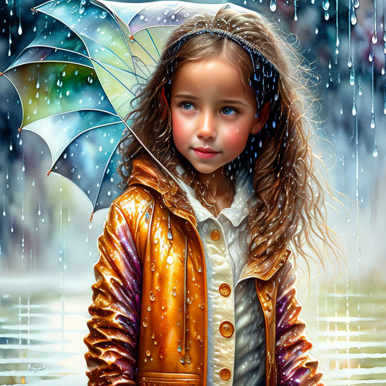 Young girl with curly hair under colorful umbrella in raincoat