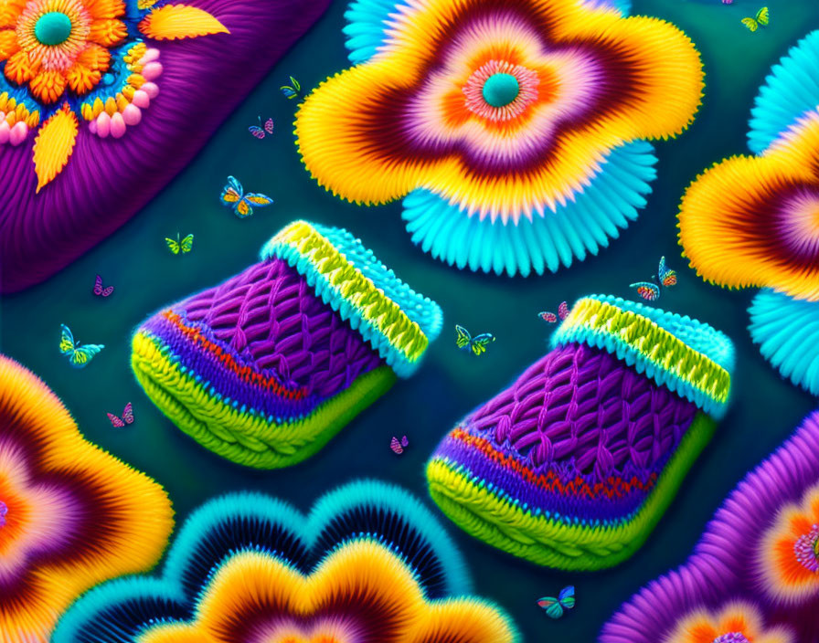 Colorful Psychedelic Digital Art with Flower Patterns & Butterflies
