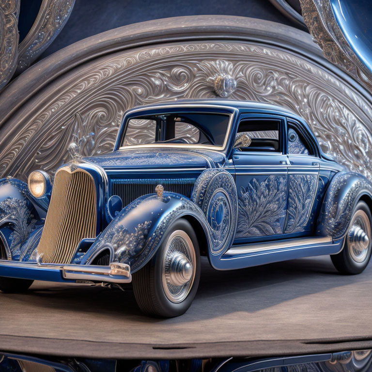 Vintage Blue Car with Silver Engraving on Circular Metallic Background