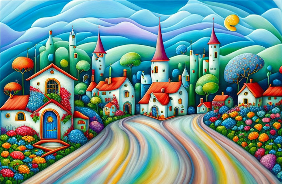 Colorful Fantasy Village Painting with Whimsical Houses & Towers