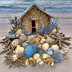 Sea Shell, Coral, and Seaweed House on Sandy Beach