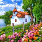 Colorful Tropical Scene: White & Gold Mansion in Lush Gardens