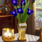 Elegant Table Setting with Lit Candle, Blue Irises, and Fine Dinnerware