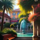 Tranquil garden scene with fountain, flowers, bench, and grand building view