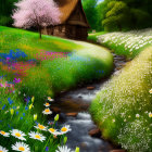 Colorful Illustration of Cabin by Stream and Flowers