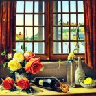 Colorful Still-Life Painting with Roses, Fruit, and Book by Sunlit Window