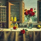 Vase of red roses, wine glass, lemon, and bottles on floral cloth with lemon tree view