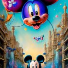 Colorful Mickey Mouse illustration with whimsical Eastern-inspired background.