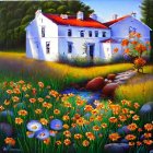 Colorful Painting: Tranquil Countryside House with Flower Garden and Stream