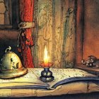 Book surrounded by candles, lanterns, and apple in cozy setting