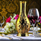 Sophisticated table setting with golden vase, red wine, flowers, and silver cutlery on