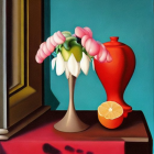 Still life painting: White flower, gold & red vases, sliced orange, gold cutlery