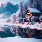 Snowy Winter Cabin by Still Lake at Dusk