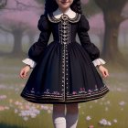 Digital artwork: Young girl in vintage black dress with floral embroidery, white socks, flowers in hair,