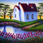 Whimsical cottage with white walls and red roof in flower-filled hills