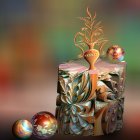 Golden ornate perfume bottle with intricate designs and tangerine on reflective surface