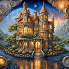 Fantasy artwork: Ornate golden palace amid cosmic energy