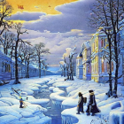 Snowy Night Scene: Ornate Buildings, Lanterns, Cloaked Figures, Bridge