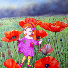 Illustration of red-haired girl in flower crown amid vibrant flowers on starry background