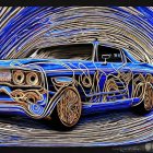 Vintage Blue Car with Silver Engraving on Circular Metallic Background