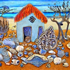 Whimsical beach scene with fairy-tale shell house and colorful seashells