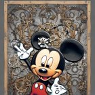 Whimsical steampunk-themed background with Mickey Mouse