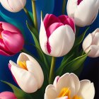 Colorful Tulip Bouquet with White and Red Petals on Deep Blue Background