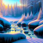 Fantastical winter landscape with blue castle, icy river, snow-covered trees, and ornate bushes