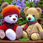 Knitted Teddy Bears with Scarves in Orange Hat and Greenery Background