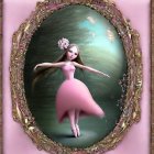 Ethereal artwork of graceful woman in pink dress with floral motifs