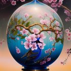 Digital artwork of glossy spherical vase with cherry blossoms on ornate base against dusky background