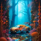 Patterned car parked in whimsical forest with oversized mushrooms and glowing trees in blue light