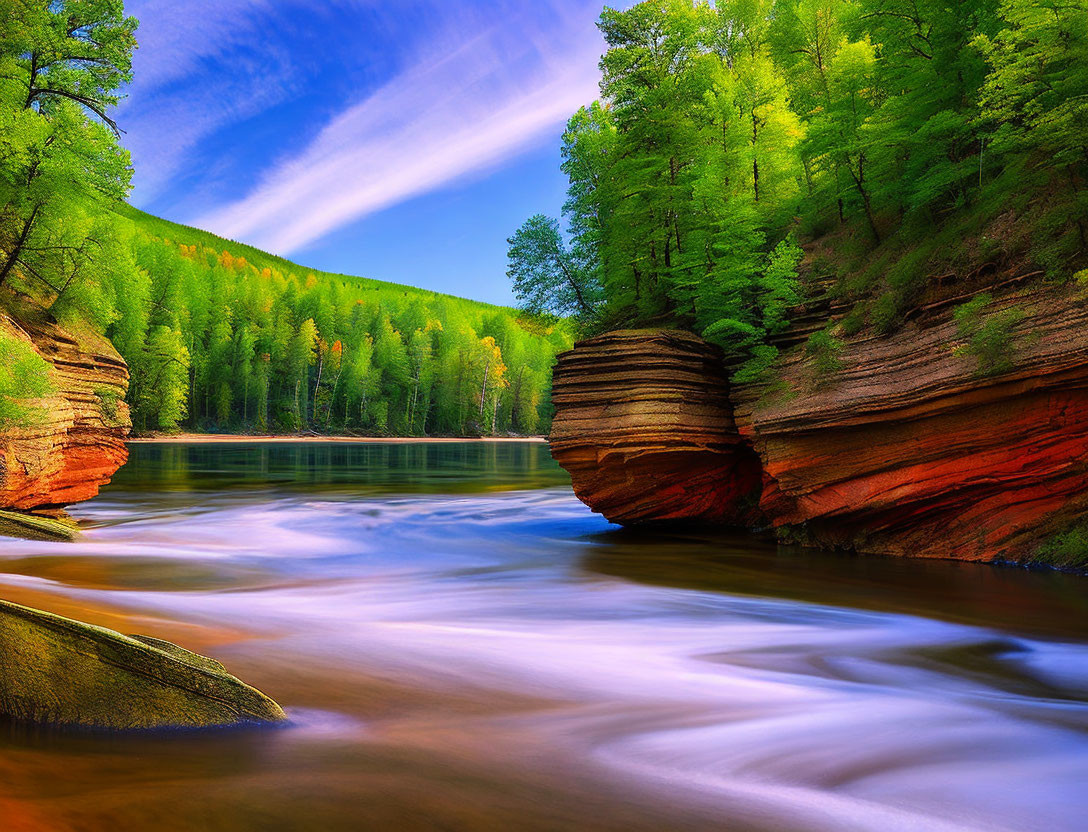 Scenic landscape with river, rock formations, trees, and blue sky