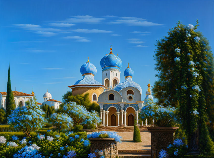 Traditional Blue-Domed Church Surrounded by Greenery and Blue Flowers