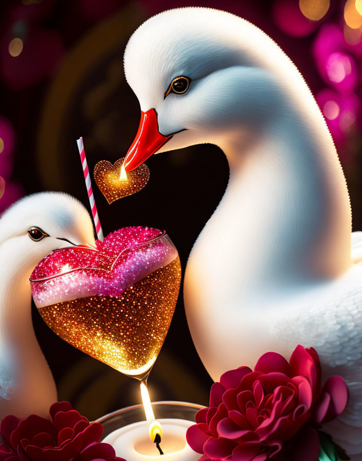 Swans touching beaks with heart and candle in floral setting