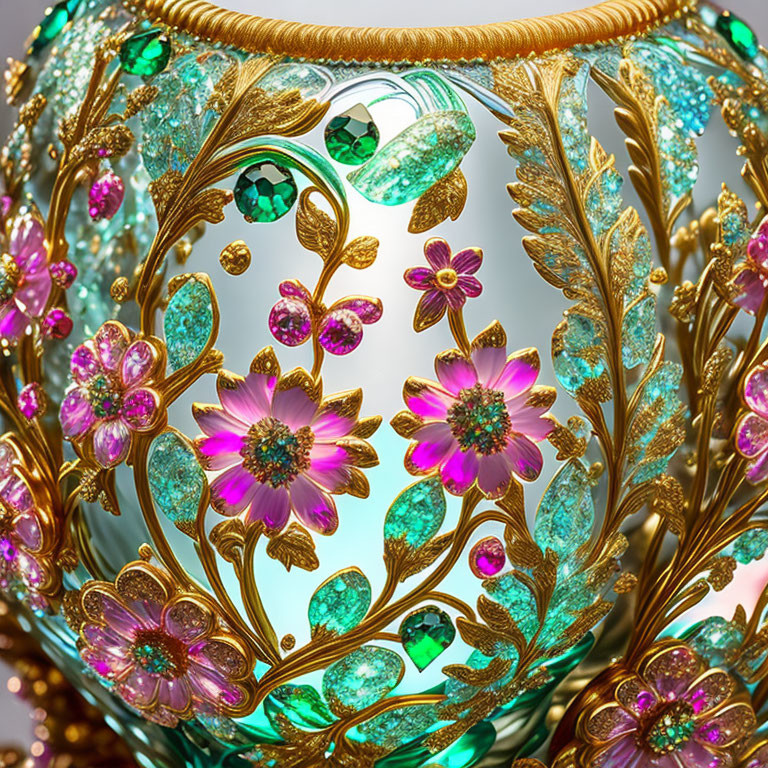 Ornate object with gold details, green gemstones, and pink floral patterns